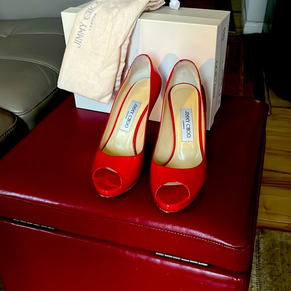 Jimmy Choo Red Patent Leather peep toe pumps